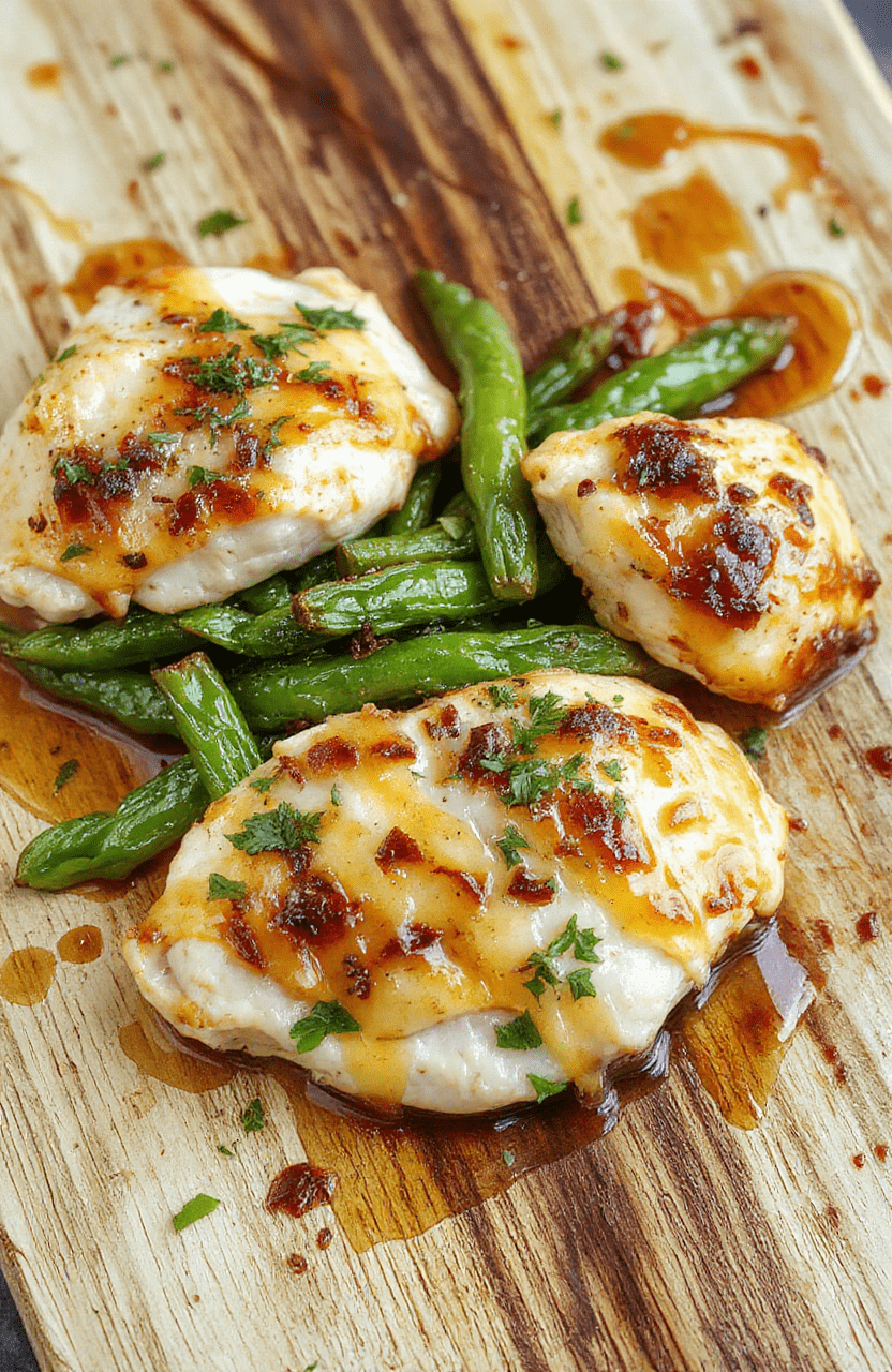 Pan-seared golden-brown chicken thighs glazed with glossy honey butter sauce, garnished with fresh parsley and roasted garlic cloves, served alongside vibrant green beans with light char marks, on a rustic white ceramic plate against a wooden table in soft natural daylight.