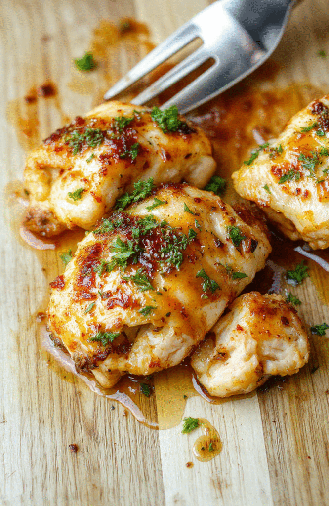 Golden-brown honey garlic chicken thighs glistening with sticky glaze, nestled beside charred broccoli florets and baby potatoes on a baking sheet, garnished with sesame seeds and sliced green onions, on a rustic wooden board.