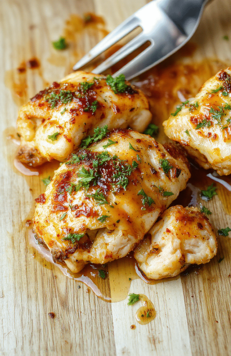 Golden-brown honey garlic chicken thighs glistening with sticky glaze, nestled beside charred broccoli florets and baby potatoes on a baking sheet, garnished with sesame seeds and sliced green onions, on a rustic wooden board.