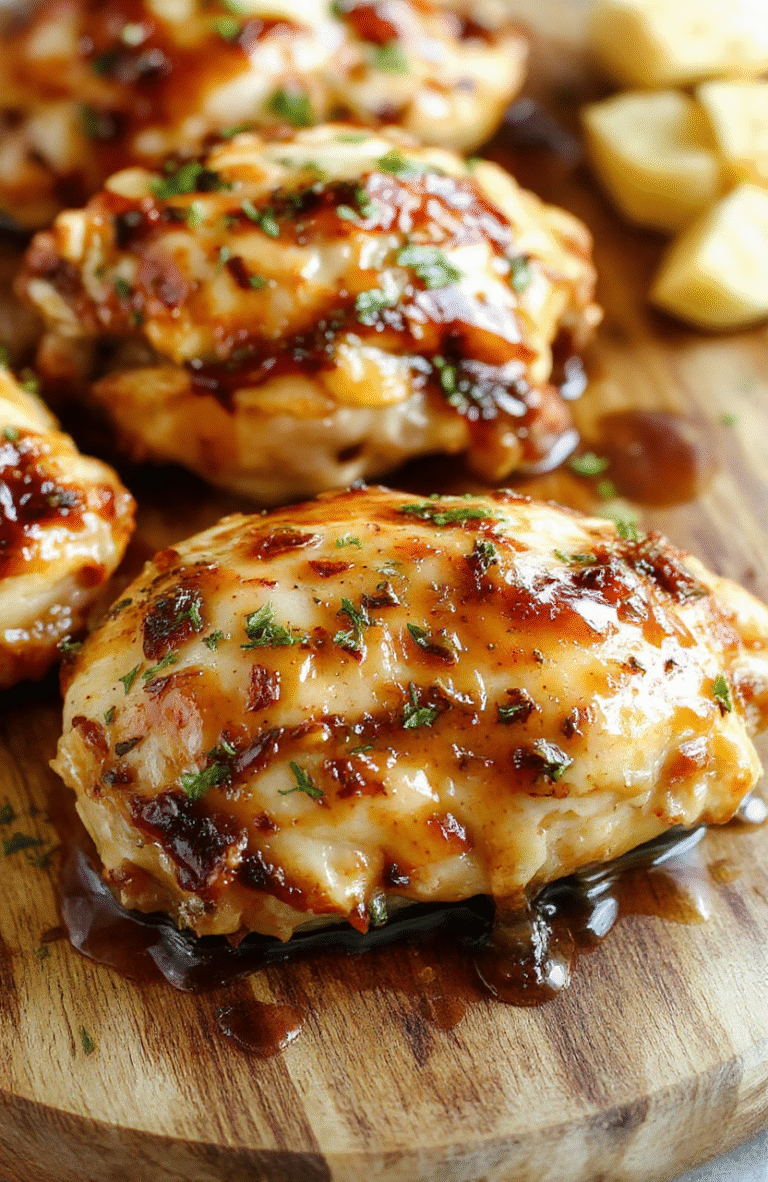 Glossy honey garlic glazed chicken thighs nestled beside fluffy white rice, garnished with green onions and sesame seeds, on a rustic wooden board with light wood grain, steam rising gently, natural daylight, soft shadows, shallow depth of field