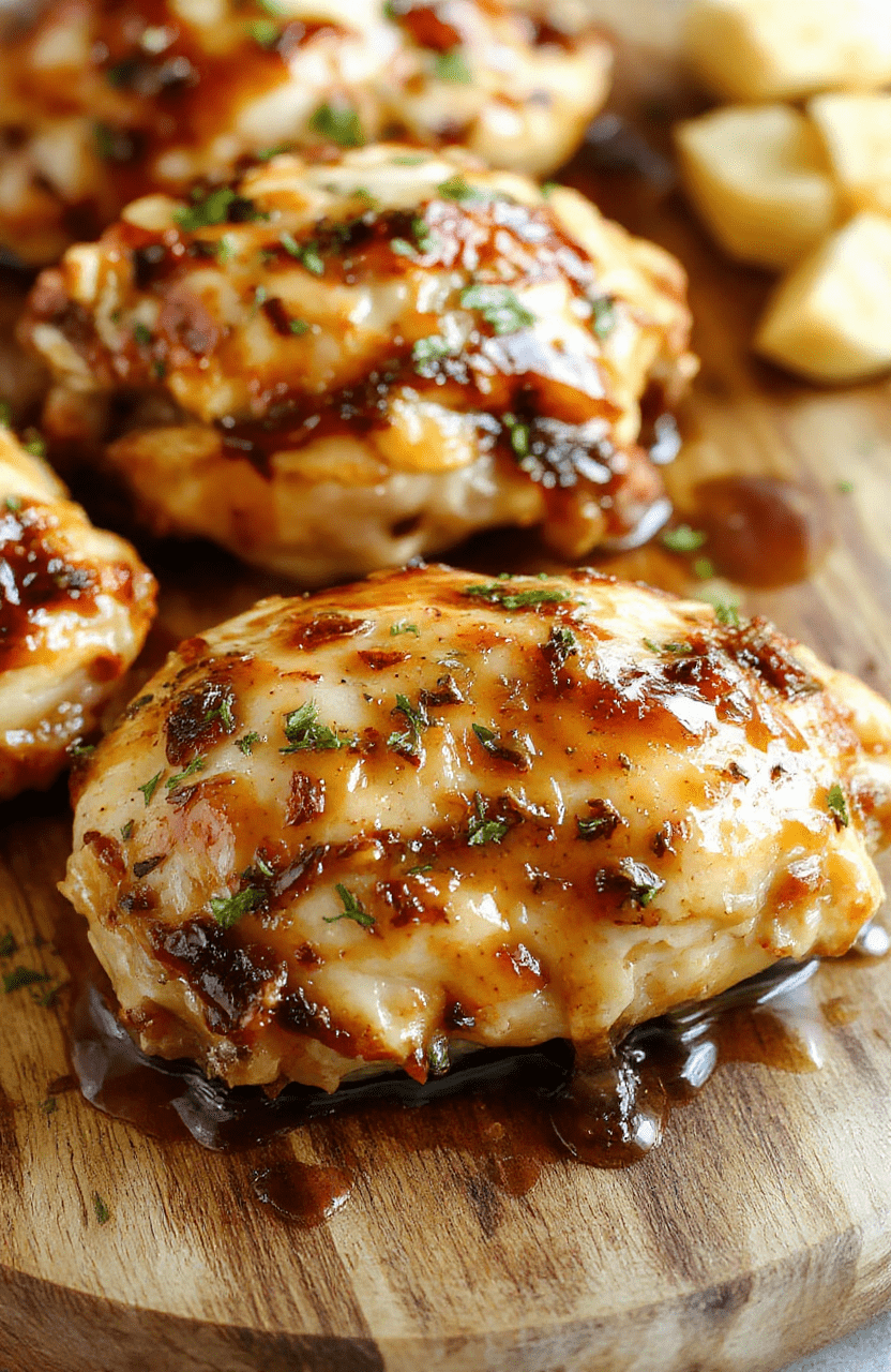 Glossy honey garlic glazed chicken thighs nestled beside fluffy white rice, garnished with green onions and sesame seeds, on a rustic wooden board with light wood grain, steam rising gently, natural daylight, soft shadows, shallow depth of field
