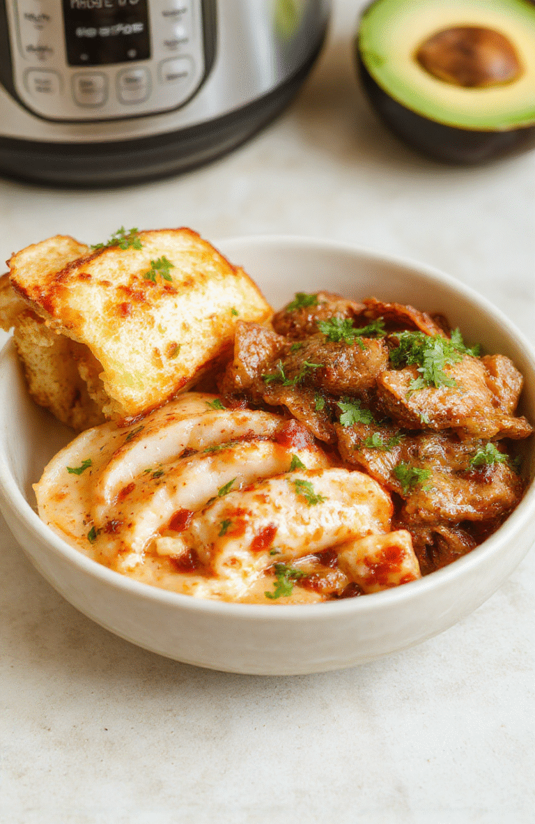 Modern Instant Pot on a white kitchen counter with steaming pot release valve and soft-focus background of fresh garlic, onions, and herbs beside it, captured in natural daylight.