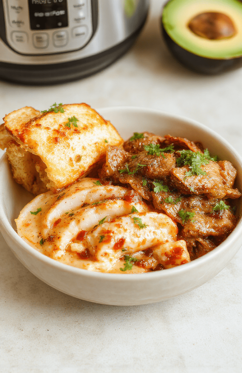 Modern Instant Pot on a white kitchen counter with steaming pot release valve and soft-focus background of fresh garlic, onions, and herbs beside it, captured in natural daylight.