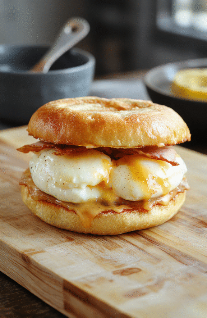 A golden-brown Japanese milk bread sandwich sliced diagonally on a white ceramic plate, revealing layers of fluffy scrambled eggs mixed with mayonnaise and Dijon mustard, tender ham slices, and bright green chopped chives on top. Soft natural daylight highlights the crust’s crisp texture and the sandwich’s creamy interior.