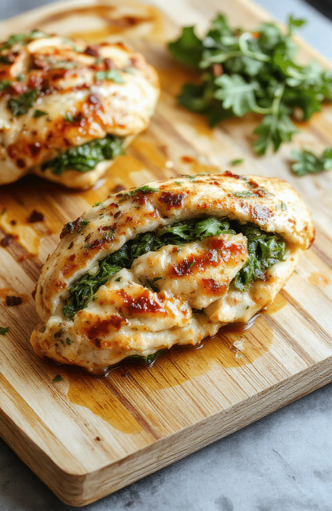 A golden-brown baked chicken breast halved horizontally, stuffed with vibrant green spinach and ricotta mixture, sprinkled with grated parmesan and fresh parsley, resting on a rustic wooden board with a side of roasted cherry tomatoes and zucchini wedges.