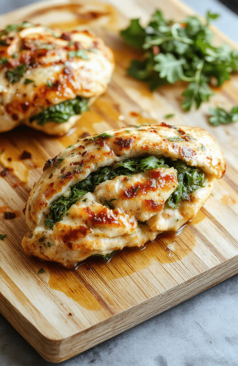 A golden-brown baked chicken breast halved horizontally, stuffed with vibrant green spinach and ricotta mixture, sprinkled with grated parmesan and fresh parsley, resting on a rustic wooden board with a side of roasted cherry tomatoes and zucchini wedges.