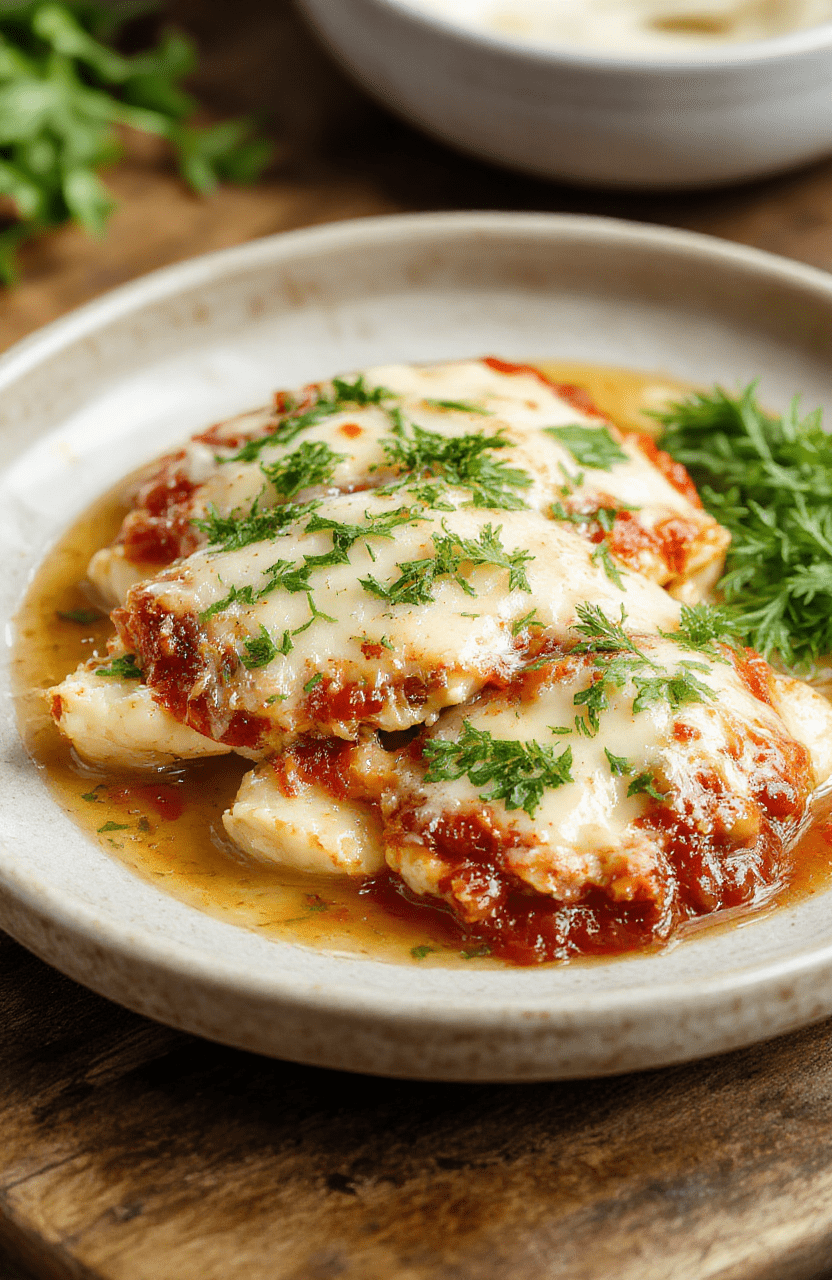 Golden-brown breaded chicken cutlets in a vibrant tomato-basil sauce, topped with melted part-skim mozzarella and fresh parsley, served over al dente whole wheat spaghetti in a rustic ceramic bowl with a side of steamed broccoli and a drizzle of olive oil.