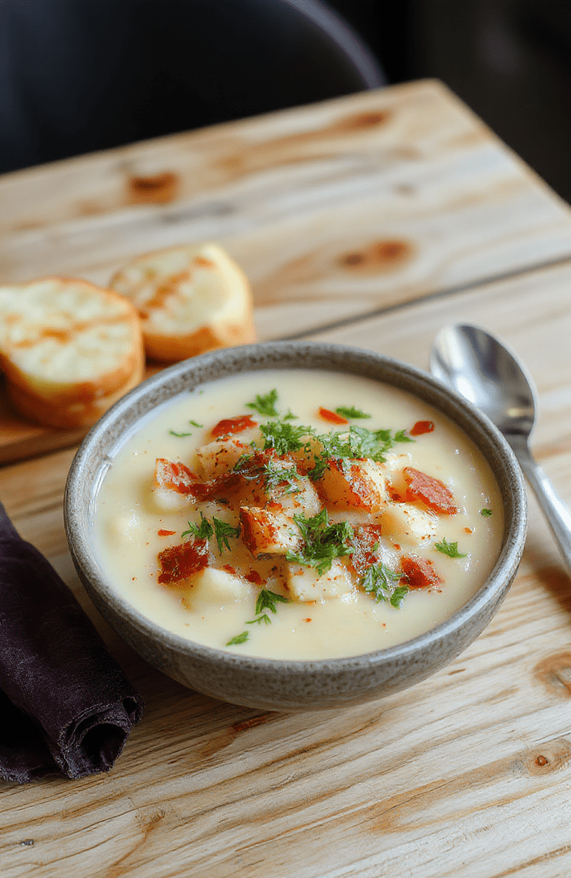 Creamy loaded potato soup in a rustic ceramic bowl, topped with crispy bacon bits, shredded cheddar cheese, chopped green onions, and a dollop of sour cream, served with a fresh slice of crusty bread on the side, natural daylight, shallow depth of field, soft shadows, casual home-cooked presentation.