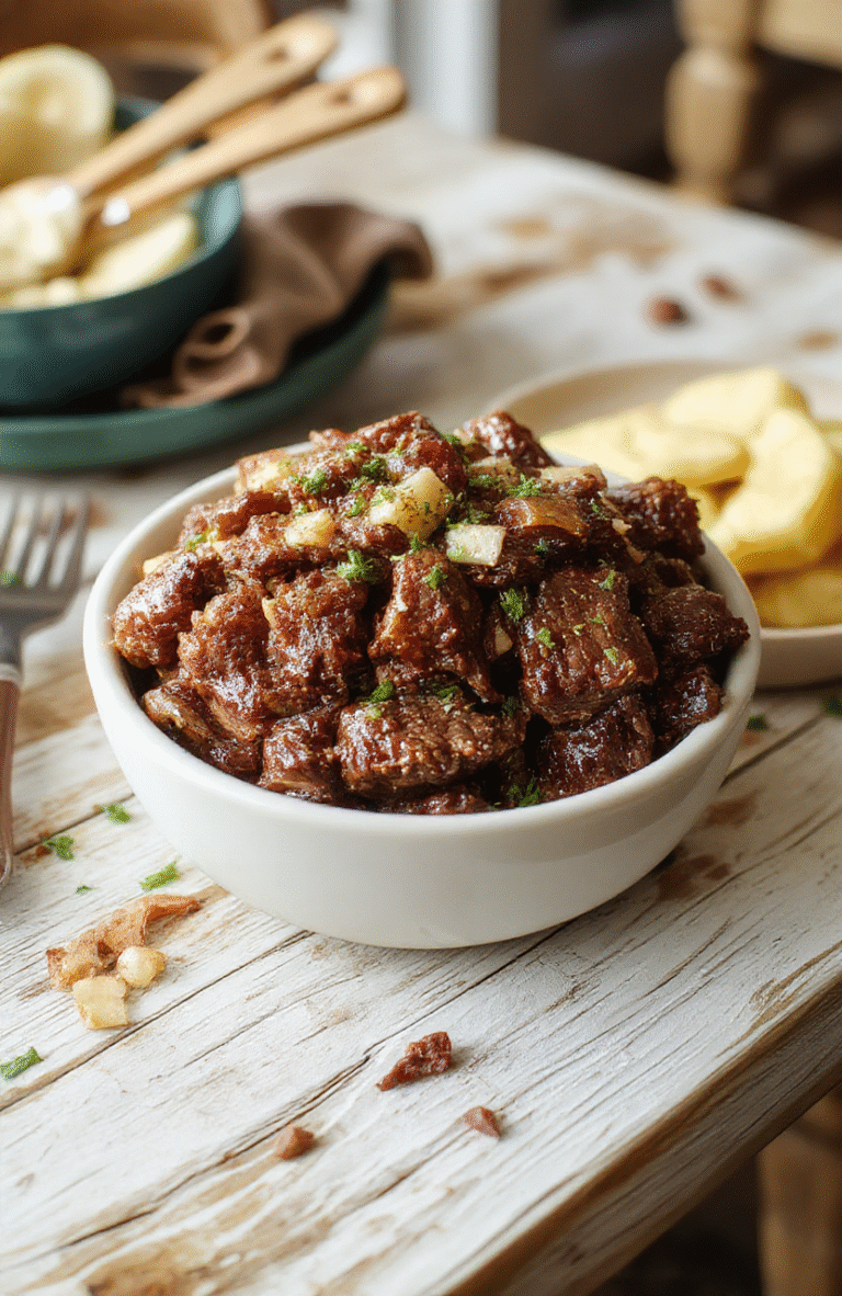 A rustic ceramic slow cooker sits on a wooden counter, its lid slightly ajar to reveal a generous portion of deep brown, tender beef roast glistening with savory glaze, surrounded by caramelized carrots, golden onions, and rosemary sprigs on a white stoneware plate with a hint offresh parsley.