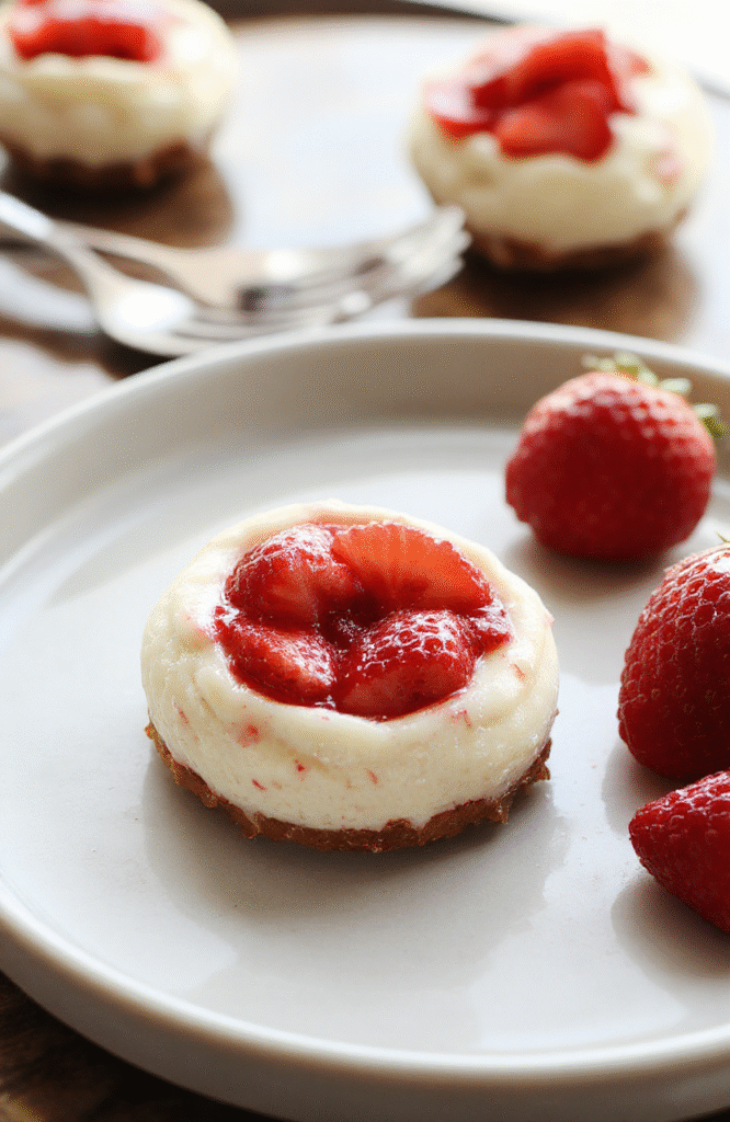 Fresh red strawberries halved and filled with creamy vanilla cheesecake mixture, arranged on a white ceramic plate with a dusting of powdered sugar and mint leaves,glossy sheen on fruit, high contrast natural light