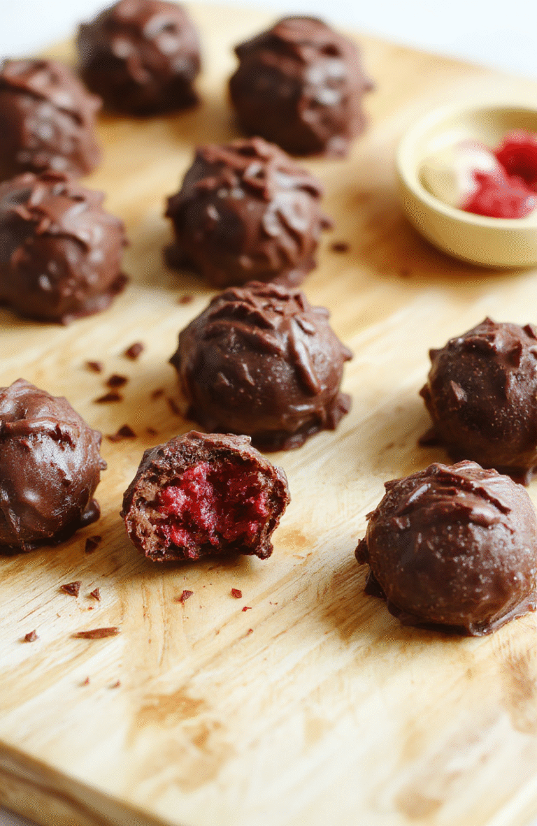 Glossy, smooth no-bake chocolate raspberry truffles rolled in fine cocoa powder, arranged on a rustic wooden board with fresh raspberries and crushed white chocolate drizzle, soft natural light highlights the deep rich brown and vibrant red contrast, subtle textural variation between matte and glossy surfaces.