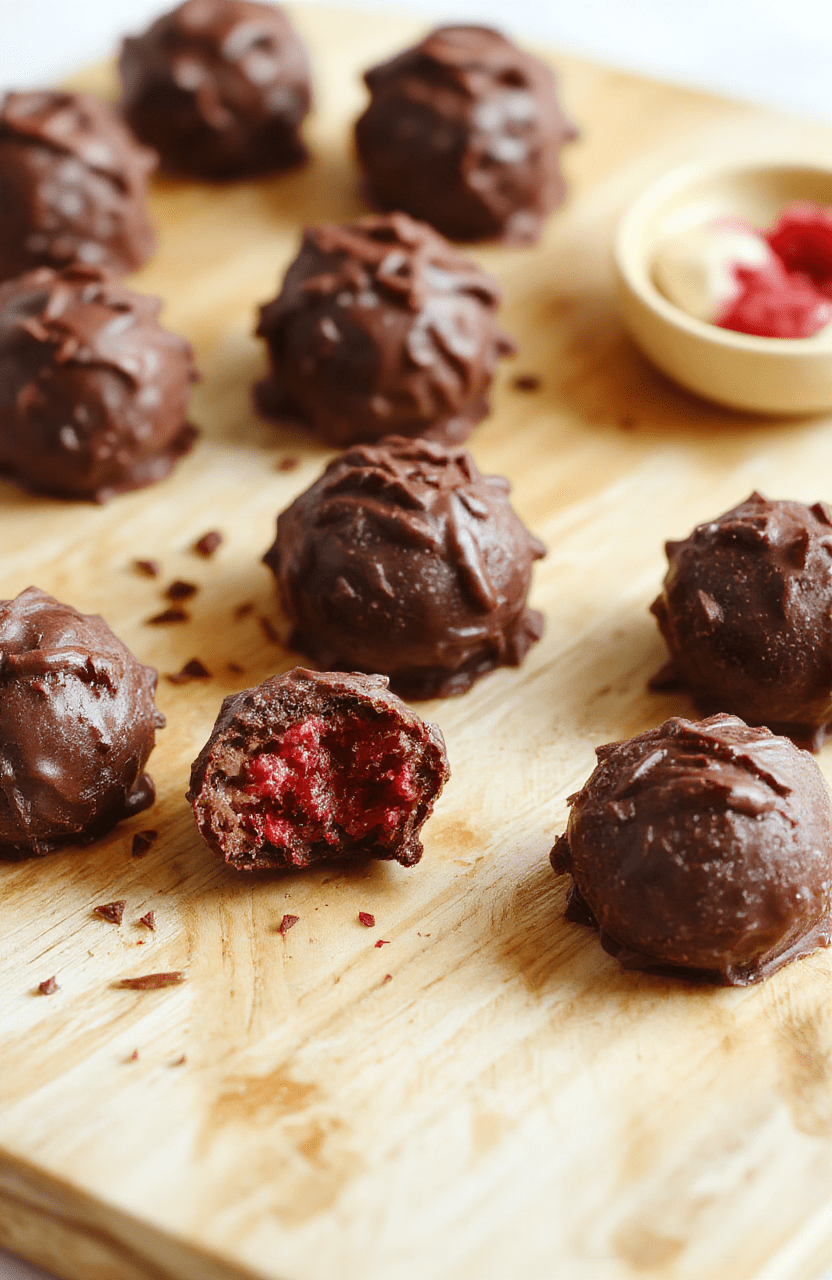 Glossy, smooth no-bake chocolate raspberry truffles rolled in fine cocoa powder, arranged on a rustic wooden board with fresh raspberries and crushed white chocolate drizzle, soft natural light highlights the deep rich brown and vibrant red contrast, subtle textural variation between matte and glossy surfaces.