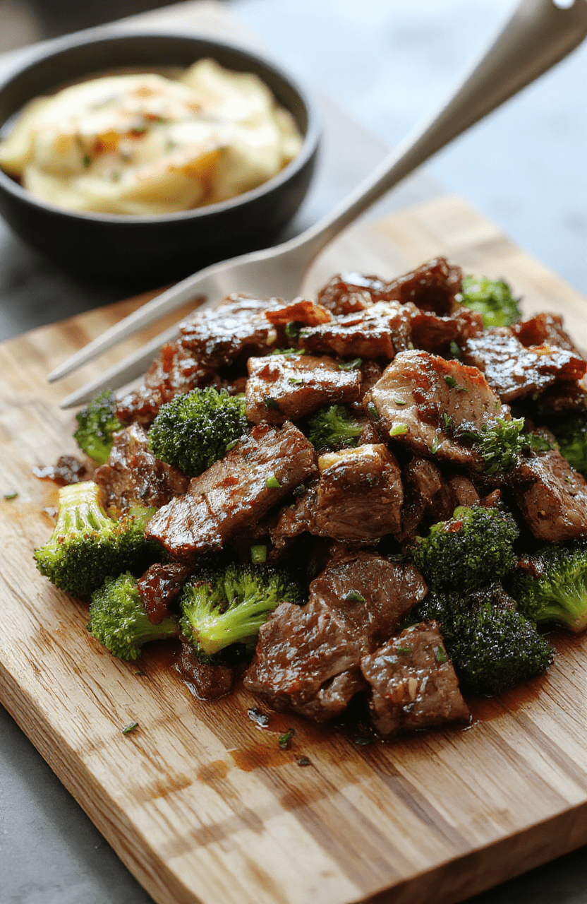 Glossy, caramelized beef strips and vibrant green broccoli florets arranged in a shallow oven-safe pan, lightly glazed in a savory-sweet garlic soy sauce, garnished with sesame seeds and sliced green onions, against a warm wooden board background with soft shadows.