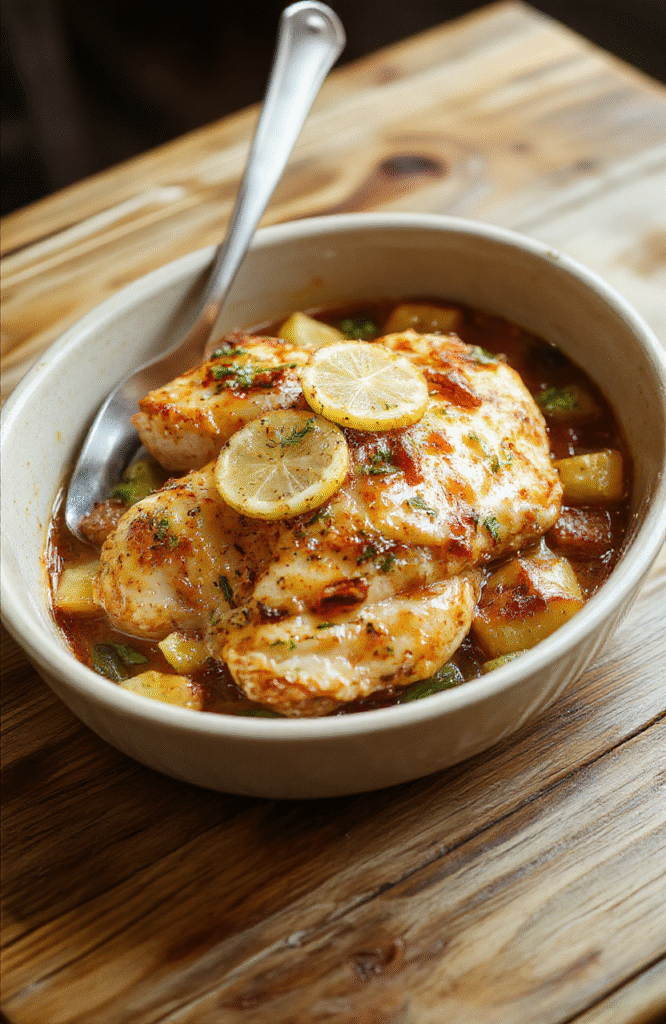 Golden-brown lemon garlic chicken tenders and colorful roasted vegetables—including cherry tomatoes, zucchini, and bell peppers—arranged on a single large ceramic baking dish, glistening with olive oil and fresh herbs, placed on a rustic wooden cutting board, natural daylight, shallow depth of field.
