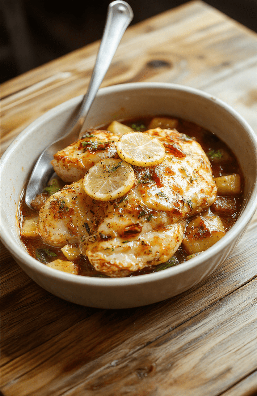Golden-brown lemon garlic chicken tenders and colorful roasted vegetables—including cherry tomatoes, zucchini, and bell peppers—arranged on a single large ceramic baking dish, glistening with olive oil and fresh herbs, placed on a rustic wooden cutting board, natural daylight, shallow depth of field.