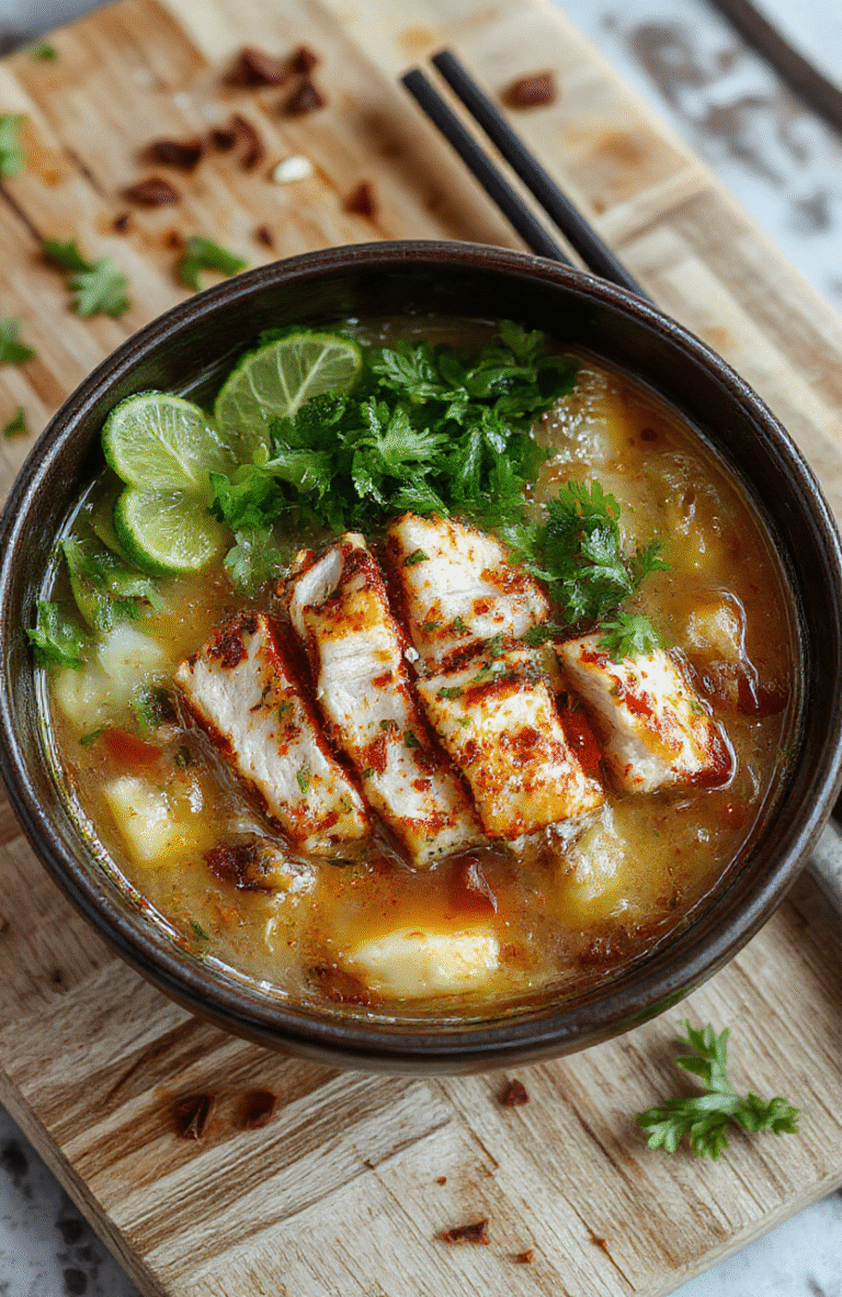 Steaming bowl of aromatic chicken pho with tender shredded chicken, rice noodles, fresh green onions, cilantro, and lime wedges, garnished with basil leaves and red chili slices, served on a rustic wooden table with soft natural lighting and shallow depth of field.