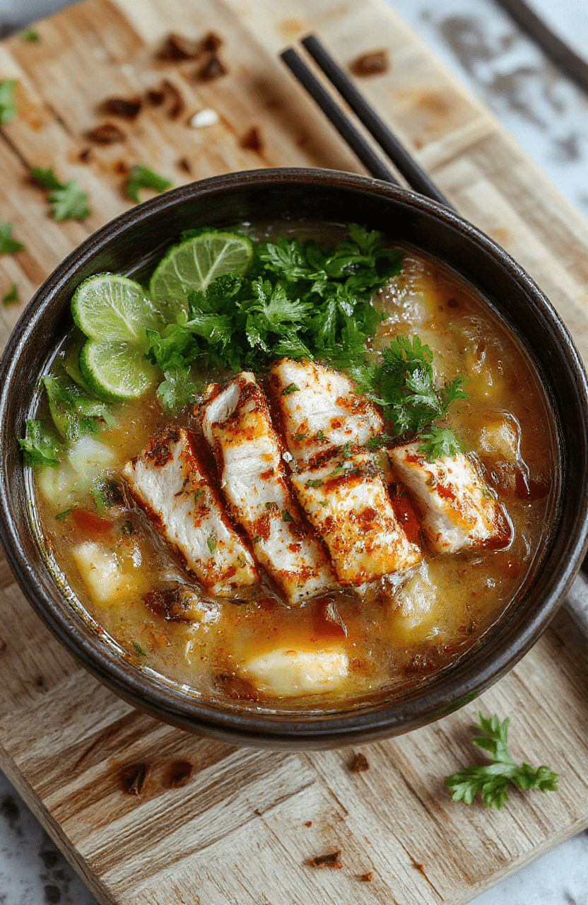 Steaming bowl of aromatic chicken pho with tender shredded chicken, rice noodles, fresh green onions, cilantro, and lime wedges, garnished with basil leaves and red chili slices, served on a rustic wooden table with soft natural lighting and shallow depth of field.