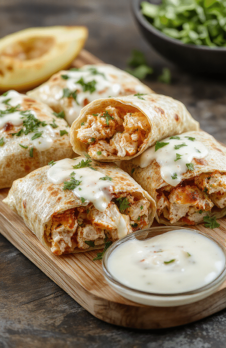 Golden-brown grilled chicken wraps wrapped in soft flour tortillas, sliced diagonally to reveal melty mozzarella and cheddar cheese filling with creamy garlic sauce oozing out, topped with fresh parsley and served on a rustic wooden board with a side of cherry tomatoes and shredded lettuce.