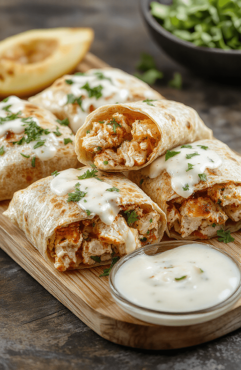 Golden-brown grilled chicken wraps wrapped in soft flour tortillas, sliced diagonally to reveal melty mozzarella and cheddar cheese filling with creamy garlic sauce oozing out, topped with fresh parsley and served on a rustic wooden board with a side of cherry tomatoes and shredded lettuce.