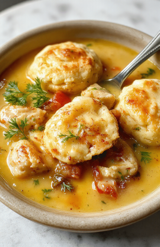 A steaming bowl of creamy chicken dumpling soup topped with golden, flaky biscuit dumplings, surrounded by fresh parsley and cracked black pepper, served on a rustic wooden table with soft natural lighting and shallow depth of field.