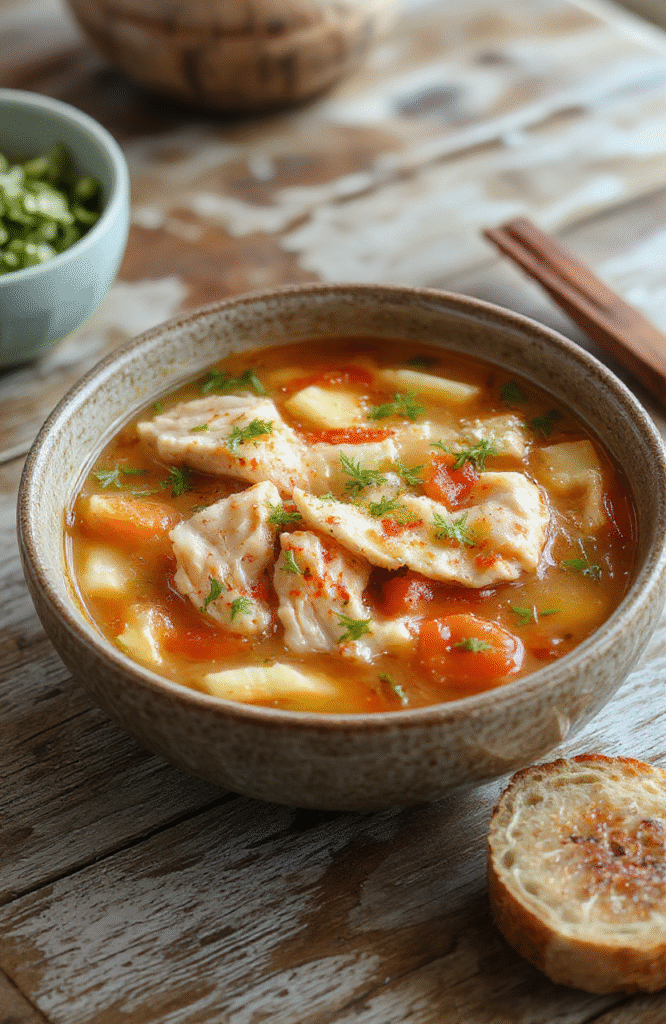A rustic bowl of golden chicken noodle soup with tender shredded chicken, soft egg noodles, sautéed carrots and celery, and fresh parsley garnish, sitting on a clean wooden table with soft natural daylight and shallow depth of field.