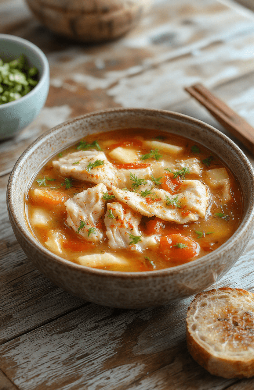 A rustic bowl of golden chicken noodle soup with tender shredded chicken, soft egg noodles, sautéed carrots and celery, and fresh parsley garnish, sitting on a clean wooden table with soft natural daylight and shallow depth of field.
