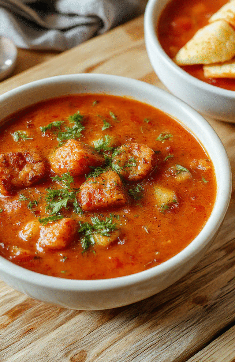 Rustic ceramic bowl filled with vibrant orange tomato soup, garnished with fresh green basil leaves and a swirl of creamy avocado oil, steam rising, sitting on a light oak wooden table with soft shadows and natural daylight.