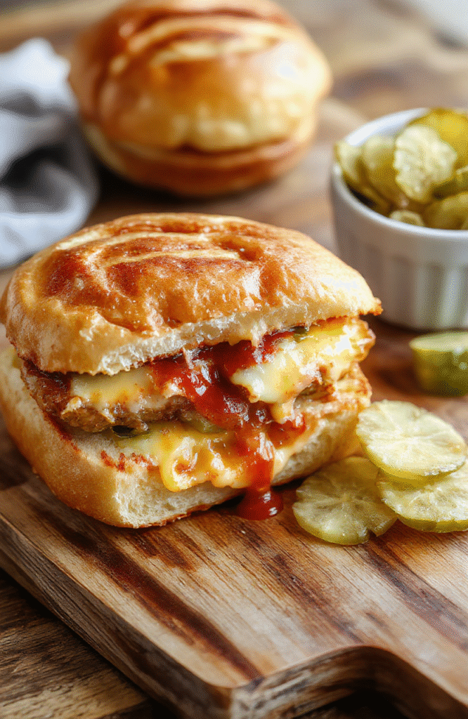Golden-brown grilled cheese sandwich made with sliced Hawaiian rolls, melted cheddar and American cheeses oozing from the edges, pan-seared to a crispy crust, placed on a wooden board with a side of ketchup and pickles