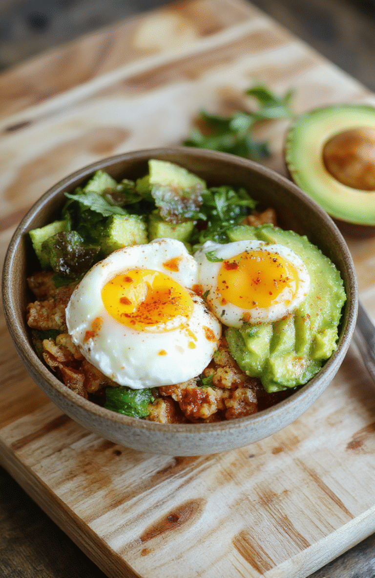 A vibrant keto breakfast bowl with perfectly fried eggs, creamy sliced avocado, crispy bacon bits, and fresh chives, served in a rustic ceramic bowl on a light wooden table with soft natural lighting. A small dollop of sour cream sits beside the bowl, and a side of sautéed spinach adds green contrast. The image is close-up, appetizing, and casually styled, like an amateur food photo taken with a smartphone.