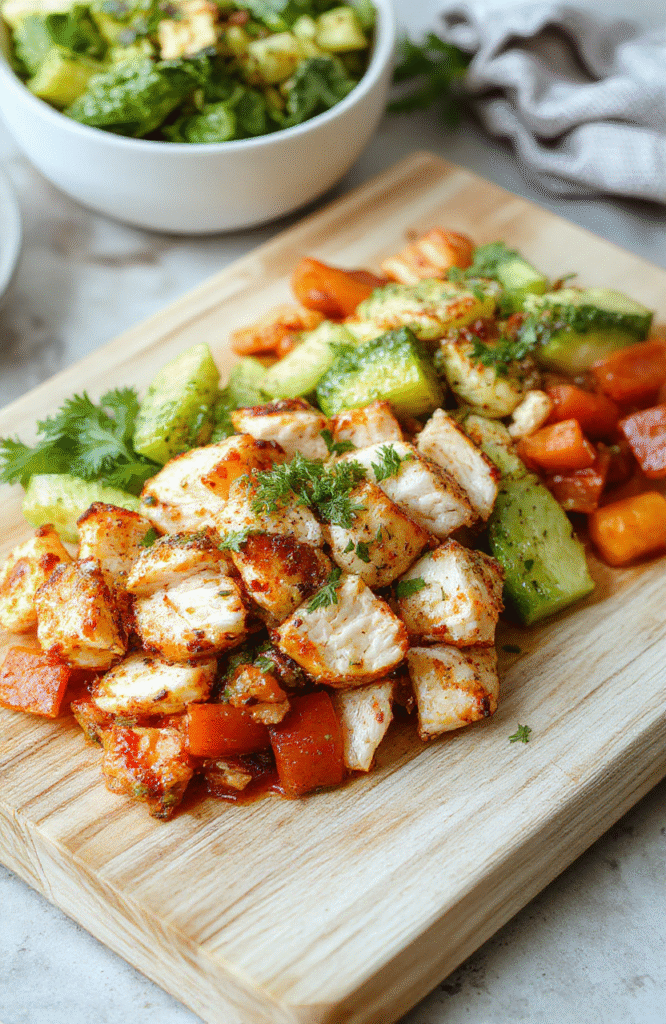Colorful meal prep bowls with grilled chicken breast slices, roasted broccoli, quinoa, cherry tomatoes, avocado slices, and a lemon-tahini drizzle in matte white ceramic containers on a light wooden surface, natural light, soft shadows