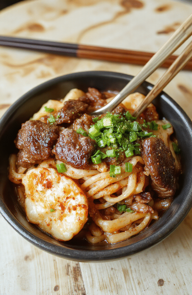 Glossy amber-brown Mongolian beef T-bone noodles in a white ceramic bowl, topped with sliced green onions and sesame seeds, served beside steamed bok choy on a light oak wood table with soft natural shadows and shallow depth of field.