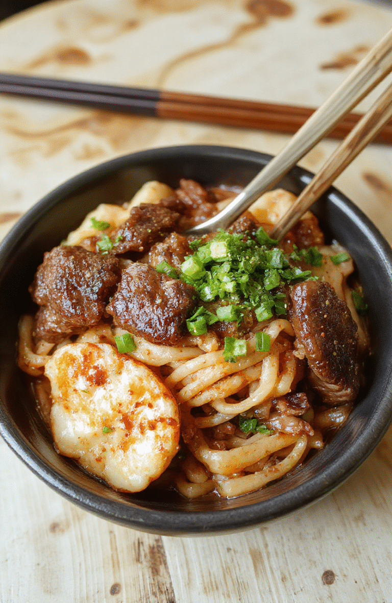 Glossy amber-brown Mongolian beef T-bone noodles in a white ceramic bowl, topped with sliced green onions and sesame seeds, served beside steamed bok choy on a light oak wood table with soft natural shadows and shallow depth of field.