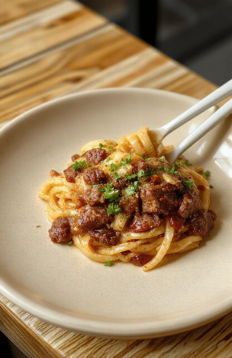 Glossy, caramel-colored beef noodles glistening with sauce, topped with sliced green onions and sesame seeds, served in a shallow white bowl on a light oak wooden table, with steam rising and fresh herbs scattered nearby.