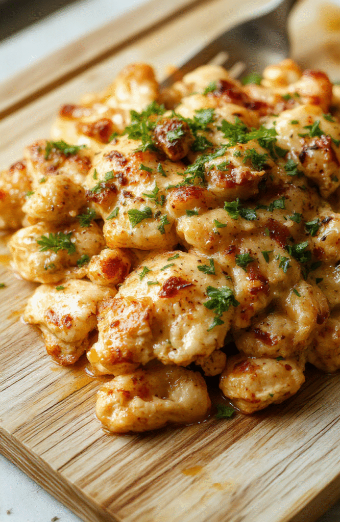 A golden-brown, bubbling million dollar chicken casserole in a deep ceramic baking dish, topped with melted cheddar and parmesan cheese, with crisp-edged fried onions and tender chicken pieces visible beneath, served on a rustic wooden table with soft natural light and shallow depth of field.