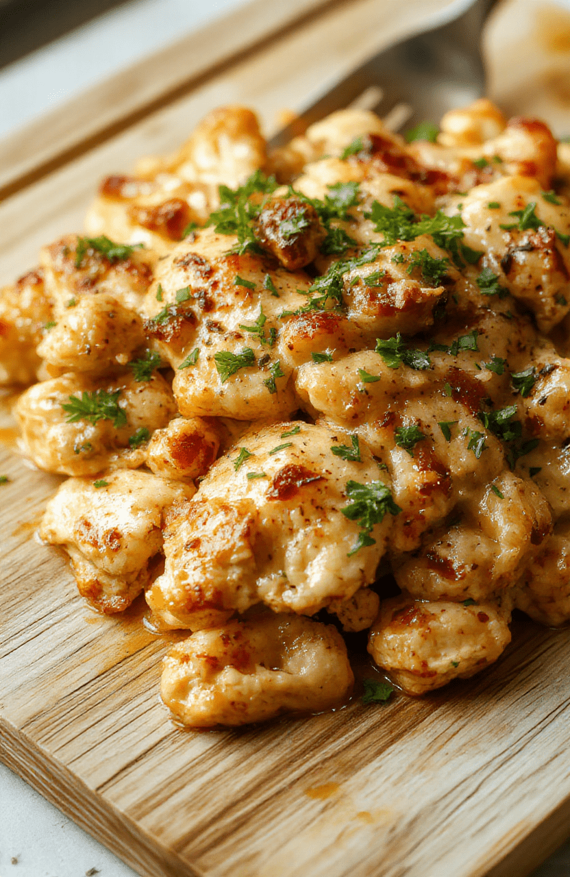 A golden-brown, bubbling million dollar chicken casserole in a deep ceramic baking dish, topped with melted cheddar and parmesan cheese, with crisp-edged fried onions and tender chicken pieces visible beneath, served on a rustic wooden table with soft natural light and shallow depth of field.