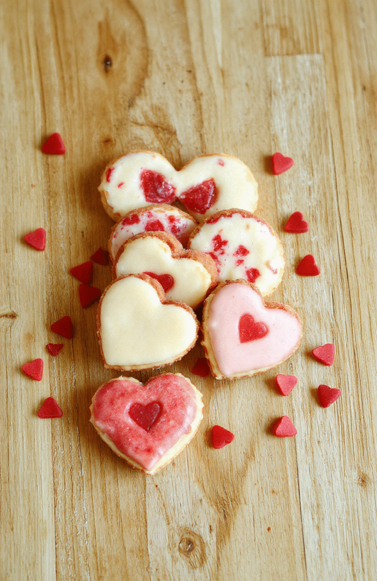 Three delicate pink heart-shaped sugar cookies on a white ceramic plate, dusted with edible gold sparkles, nestled beside a small bowl of red raspberry jam and fresh red rose petals on a rustic wooden table, soft natural daylight, shallow depth of field, cozy Valentine’s backdrop.