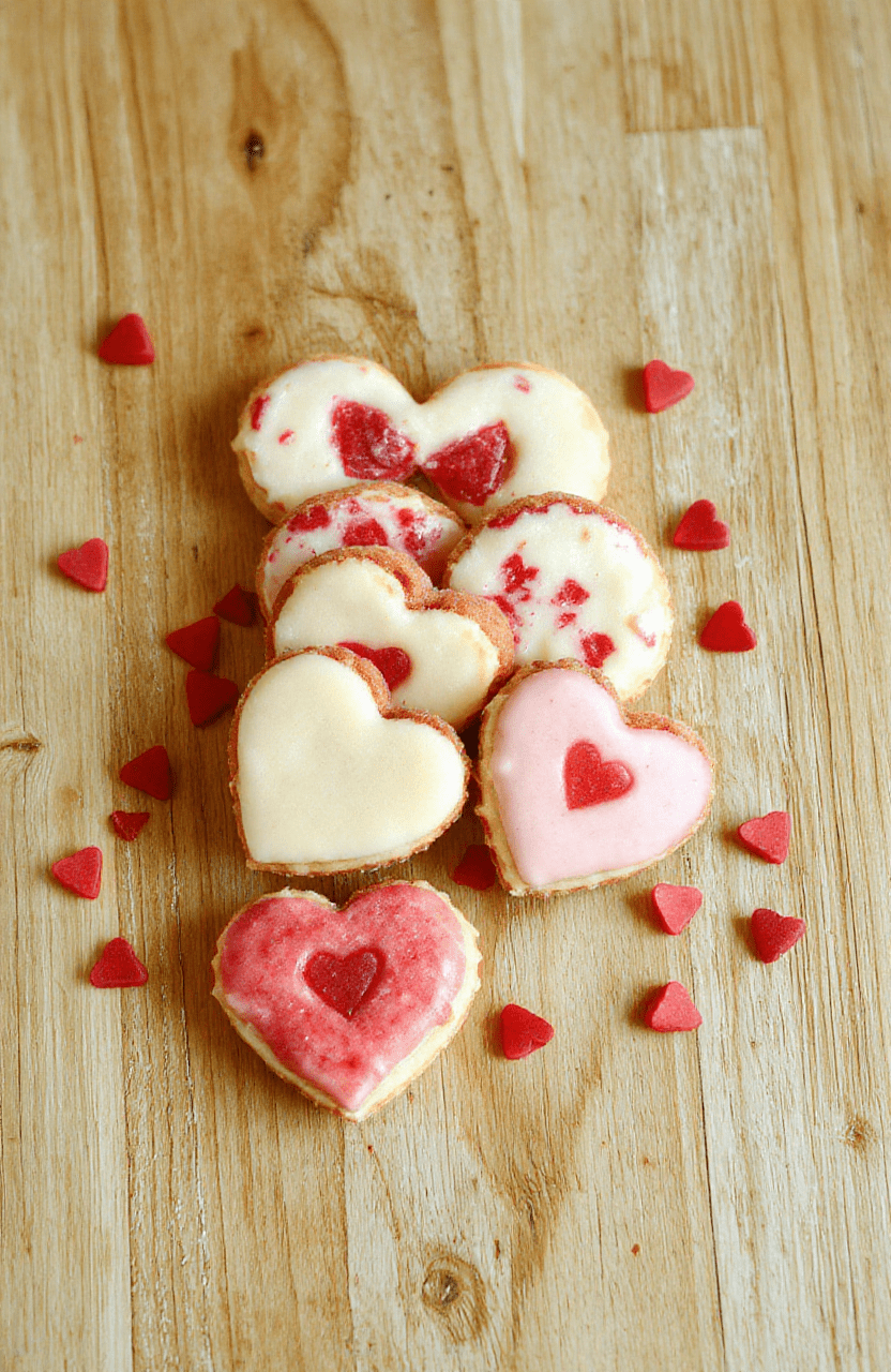 Three delicate pink heart-shaped sugar cookies on a white ceramic plate, dusted with edible gold sparkles, nestled beside a small bowl of red raspberry jam and fresh red rose petals on a rustic wooden table, soft natural daylight, shallow depth of field, cozy Valentine’s backdrop.
