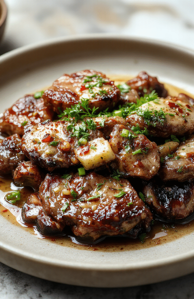 Golden-brown seared steak strips glistening with rich garlic butter sauce, nestled in a cast iron skillet surrounded by green onion slices and fresh parsley; light caramelized edges, steaming hot, served with a side of buttery mashed potatoes and a splash of red wine reduction drizzle on the side.