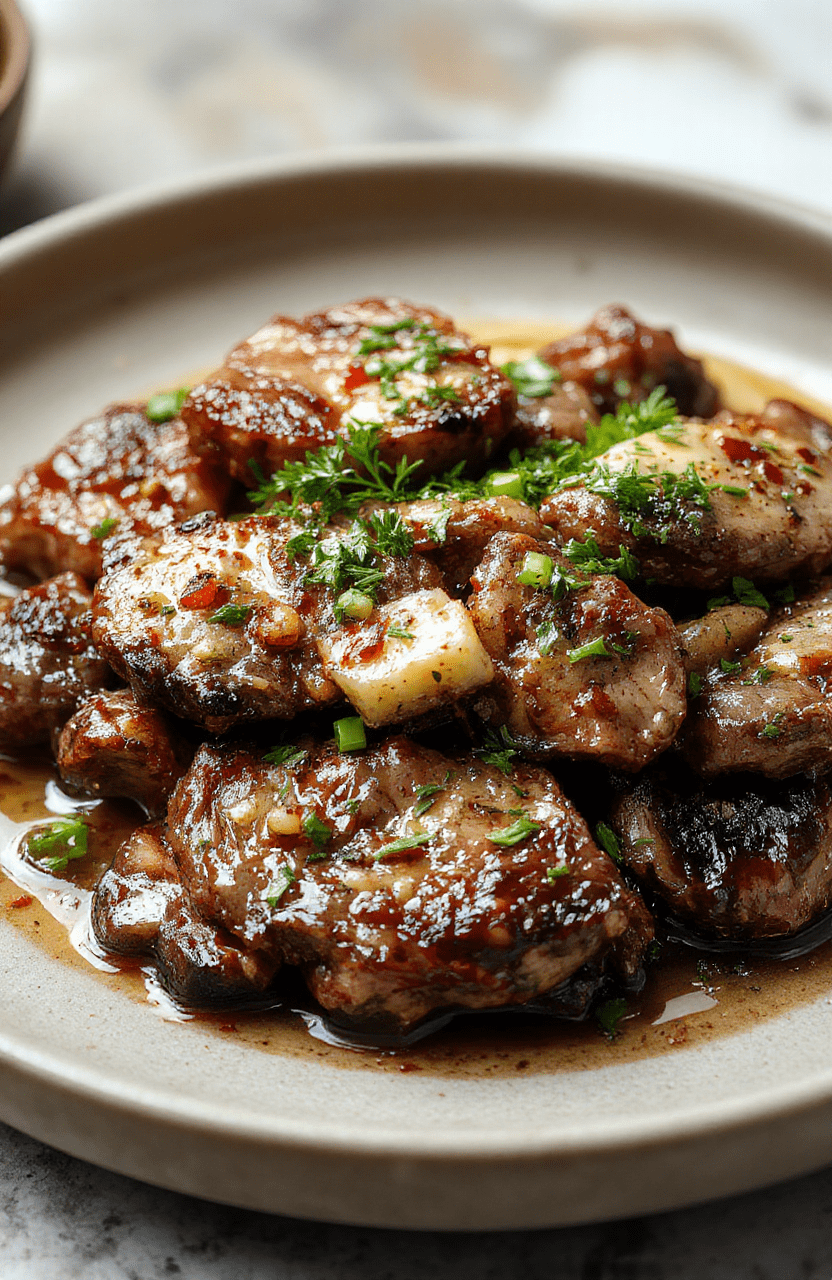 Golden-brown seared steak strips glistening with rich garlic butter sauce, nestled in a cast iron skillet surrounded by green onion slices and fresh parsley; light caramelized edges, steaming hot, served with a side of buttery mashed potatoes and a splash of red wine reduction drizzle on the side.