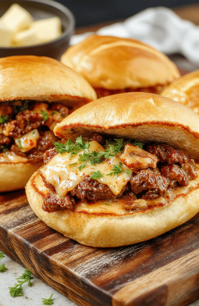 Thick slices of tender, slow-cooked beef stacked high on toasted rustic wheat bread, topped with melted sharp cheddar cheese and served on a simple wooden cutting board with a side of pickles and fresh parsley