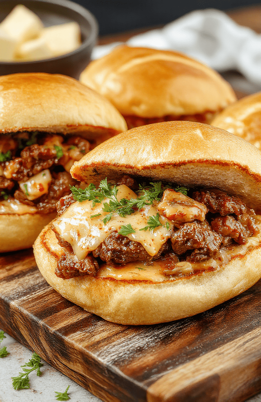 Thick slices of tender, slow-cooked beef stacked high on toasted rustic wheat bread, topped with melted sharp cheddar cheese and served on a simple wooden cutting board with a side of pickles and fresh parsley