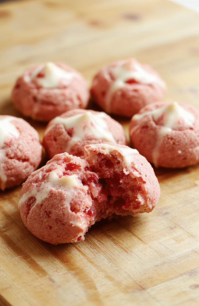 A batch of soft, slightly domed strawberry cookies on a rustic wooden cutting board, dusted lightly with powdered sugar, showing a faint pink hue from freeze-dried strawberry powder and visible cracks on the surface.