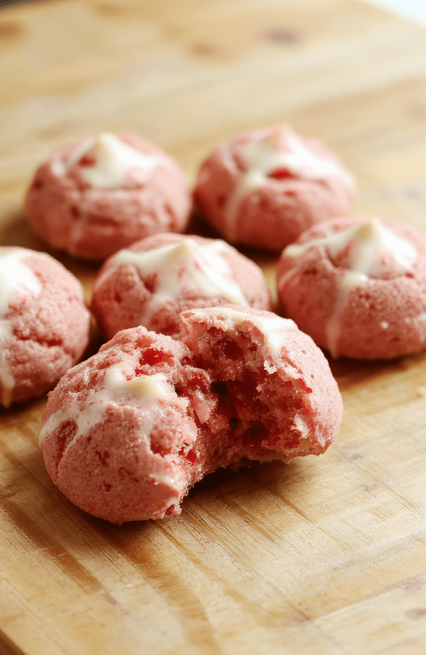 A batch of soft, slightly domed strawberry cookies on a rustic wooden cutting board, dusted lightly with powdered sugar, showing a faint pink hue from freeze-dried strawberry powder and visible cracks on the surface.