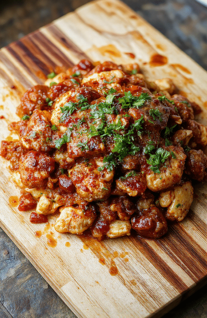 A rustic ceramic bowl filled with fragrant Spicy Cajun Chicken Jambalaya — golden-brown chicken pieces, tender okra, red and green bell peppers, onions, and long-grain rice, all simmered in a rich, slightly oily tomato-based broth. Sprinkled with fresh parsley and a light dusting of cayenne, served on a weathered wooden table with soft natural light.