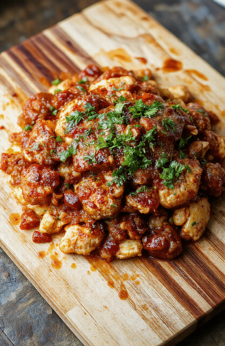 A rustic ceramic bowl filled with fragrant Spicy Cajun Chicken Jambalaya — golden-brown chicken pieces, tender okra, red and green bell peppers, onions, and long-grain rice, all simmered in a rich, slightly oily tomato-based broth. Sprinkled with fresh parsley and a light dusting of cayenne, served on a weathered wooden table with soft natural light.