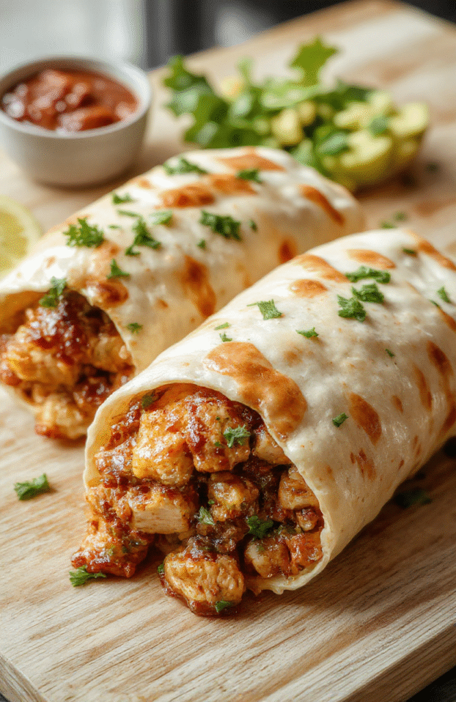 Golden-brown flour tortilla wrapped tightly around fragrant seasoned chicken, black beans, steamed rice, shredded lettuce, diced tomatoes, melted cheddar cheese, and a swipe of sour cream and guacamole, placed on a rustic wooden board with a squeeze bottle of chipotle sauce and lime wedge nearby.