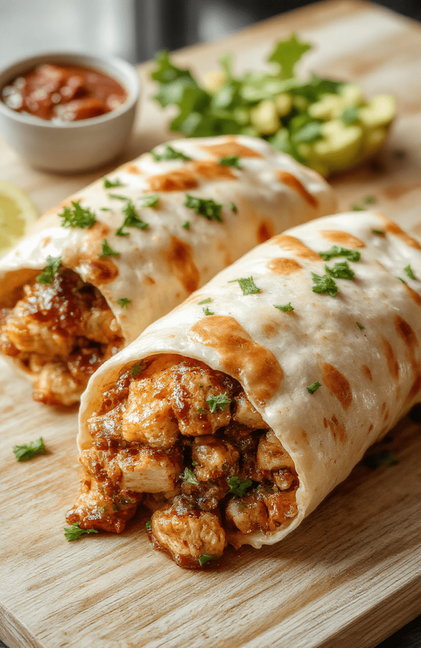 Golden-brown flour tortilla wrapped tightly around fragrant seasoned chicken, black beans, steamed rice, shredded lettuce, diced tomatoes, melted cheddar cheese, and a swipe of sour cream and guacamole, placed on a rustic wooden board with a squeeze bottle of chipotle sauce and lime wedge nearby.