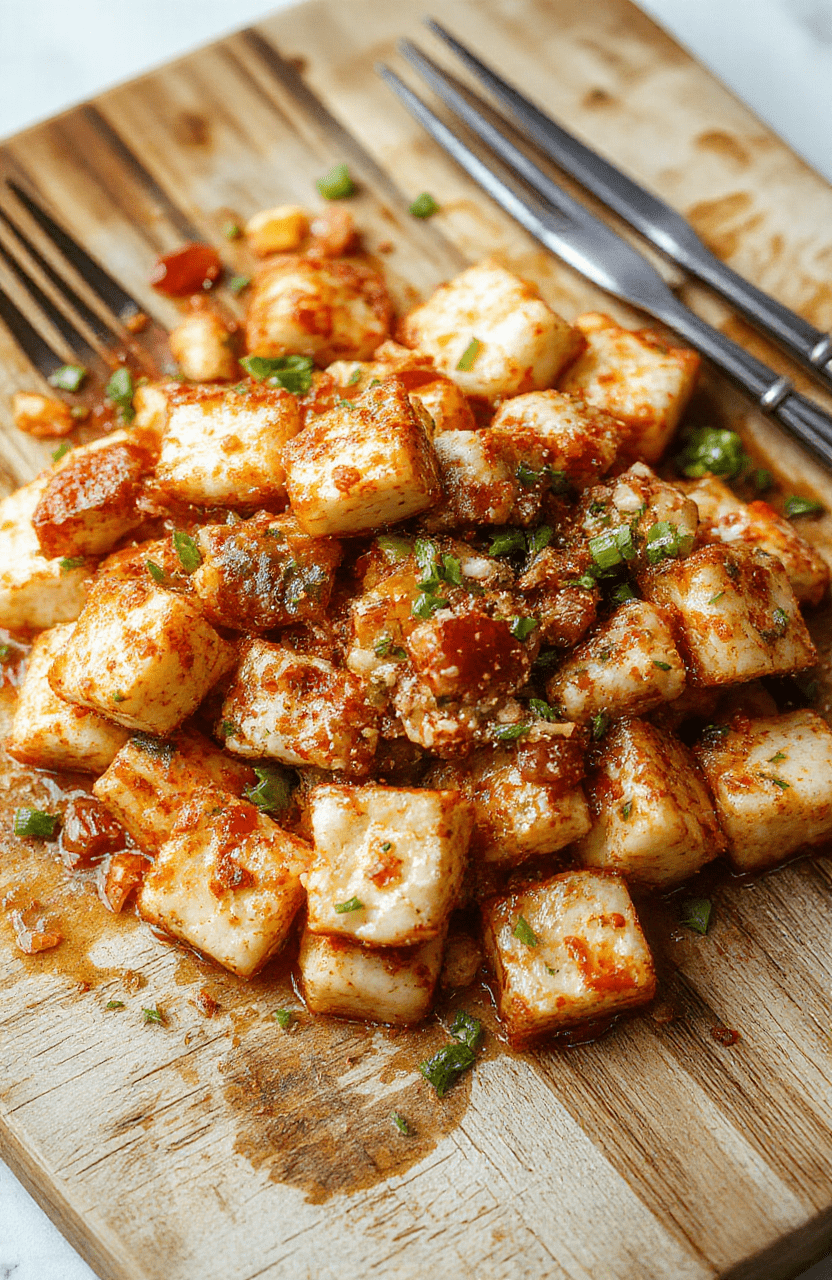 Golden pan-seared tofu cubes in a glossy, creamy coconut curry sauce with vibrant red bell peppers, green onions, and fresh cilantro, served over steamed white rice in a rustic ceramic bowl against a light wood countertop.