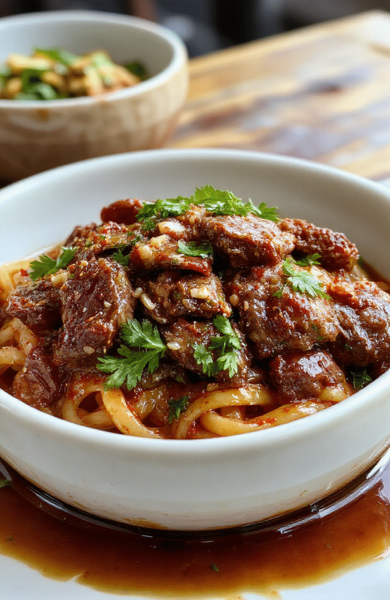 Close-up of steaming spicy cumin lamb noodles in a white ceramic bowl: tender egg noodles coated in glossy red chili oil, topped with fragrant cumin-spiced ground lamb, scattered green onions, toasted sesame seeds, and bright lime wedges. Soft shadows, natural daylight, minimal presentation.