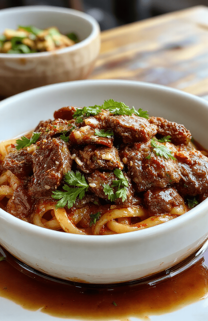 Close-up of steaming spicy cumin lamb noodles in a white ceramic bowl: tender egg noodles coated in glossy red chili oil, topped with fragrant cumin-spiced ground lamb, scattered green onions, toasted sesame seeds, and bright lime wedges. Soft shadows, natural daylight, minimal presentation.